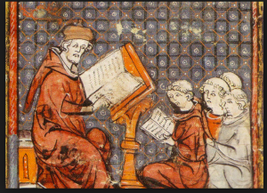 Bible Reader reading to people in Church in 1550 Englan . The King Order a Bible Reader to read the English Bible to the common people because most were illeterate.