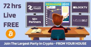 A cartoon man site in front of multiple computer screens displaying partner logos and a crypto trading software