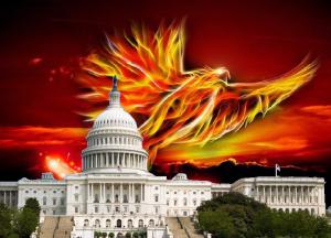 A phoenix rises from behind the US capitol