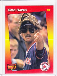 Greg A. Harris put his Mizuno six-fingered glove on his head before games while signing autographs.