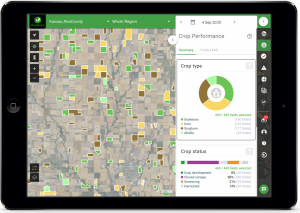 iPad screenshot with FluroSense crop performance dashboard with a regional view