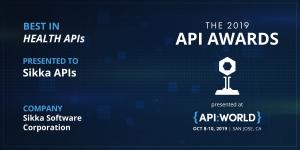 Award logo for Sikka's 2019 Best in Health APIs Award from API World