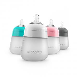 The Flexy Silicone Bottle product image with all 4 colors: pink, teal, gray, and white.