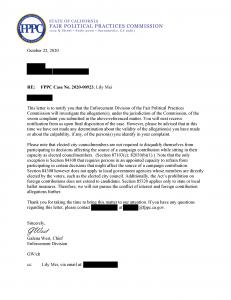 As of October 22, 2020, Fremont Mayor Lily Mei is now being investigated by state authorities for potentially violating state election law.