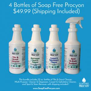 Soap Free Procyon® is giving household and professional customers a new way to buy their premium green cleaning products online from SoapFreeProcyon Tile & Grout Cleaner, Multi-Purpose Cleaner & Degreaser, Carpet & Upholstery Cleaner, and Spot & Stain Remover