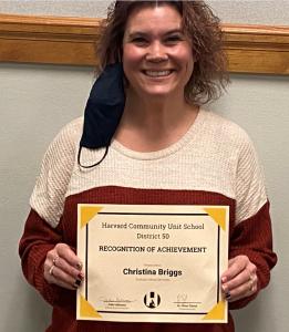 Recently, the Harvard Community School District (CUSD) 50 Board of Education recognized Christina Briggs, General Manager for Durham School Services, for her incredible contribution to the District throughout the pandemic