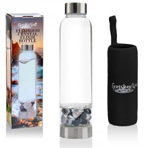 picture of the crystal water bottle, loose tumbled gemstones and neoprene sleeve